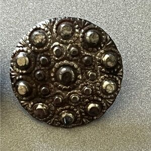 Antique Black Glass Button, Silver Luster and Cut Steel